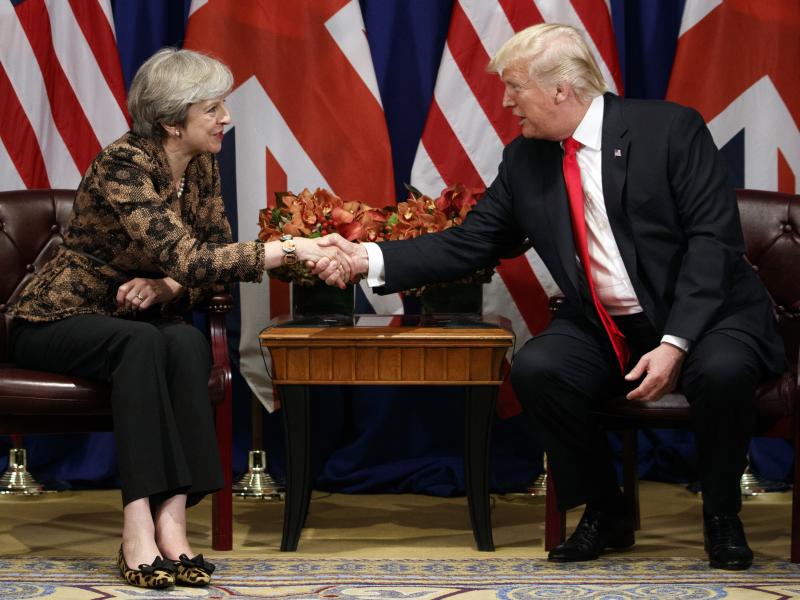President Trump shakes hands with British Prime Minister Theresa May during their meeting at the Palace Hotel during the United Nations General Assembly in September. President Trump shakes hands with British Prime Minister Theresa May during their meeting at the Palace Hotel during the United Nations General Assembly in September.