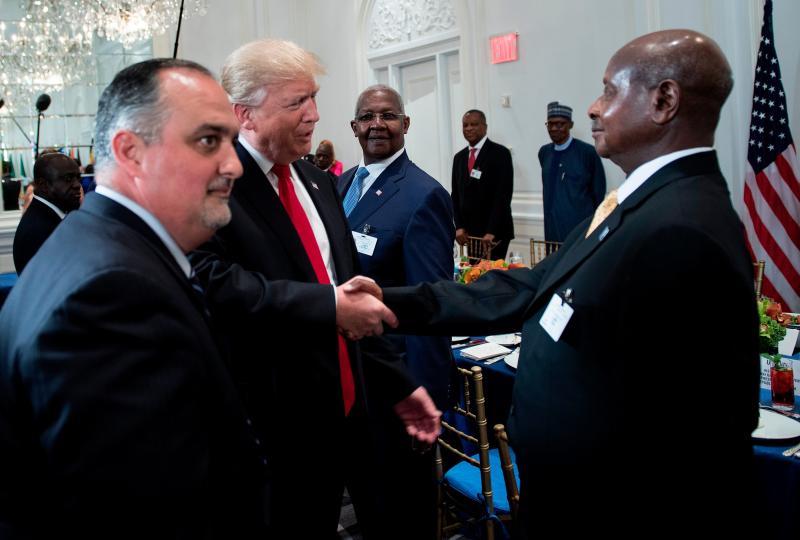 President Donald Trump greets Uganda's President Yoweri Museveni (right) before a luncheon with U.S. and African leaders during the United Nations General Assembly. President Donald Trump greets Uganda's President Yoweri Museveni (right) before a luncheon with U.S. and African leaders during the United Nations General Assembly.
