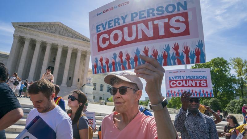 Demonstrators rally outside the U.S. Supreme Court in April 2019 to protest against the Trump administration's efforts to add the now-blocked citizenship question to the 2020 census. Demonstrators rally outside the U.S. Supreme Court in April 2019 to protest against the Trump administration's efforts to add the now-blocked citizenship question to the 2020 census.