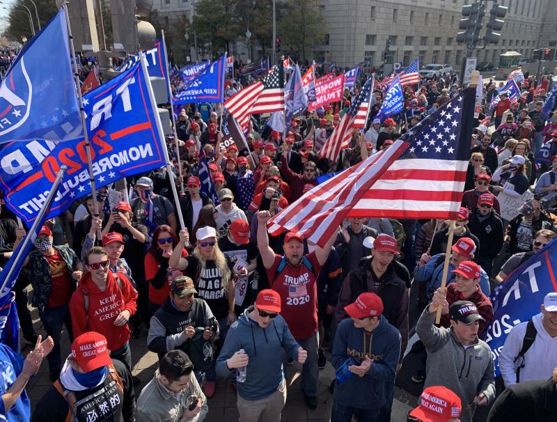 One week after protesters celebrating President Trump's defeat filled the streets of Washington, demonstrators who deny his loss took their place. One week after protesters celebrating President Trump's defeat filled the streets of Washington, demonstrators who deny his loss took their place.