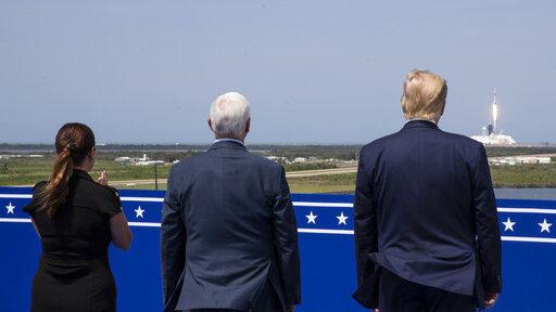 President Trump, Vice President Pence and Karen Pence view the SpaceX flight to the International Space Station at Kennedy Space Center, Saturday in Cape Canaveral, Fla. President Trump, Vice President Pence and Karen Pence view the SpaceX flight to the International Space Station at Kennedy Space Center, Saturday in Cape Canaveral, Fla.