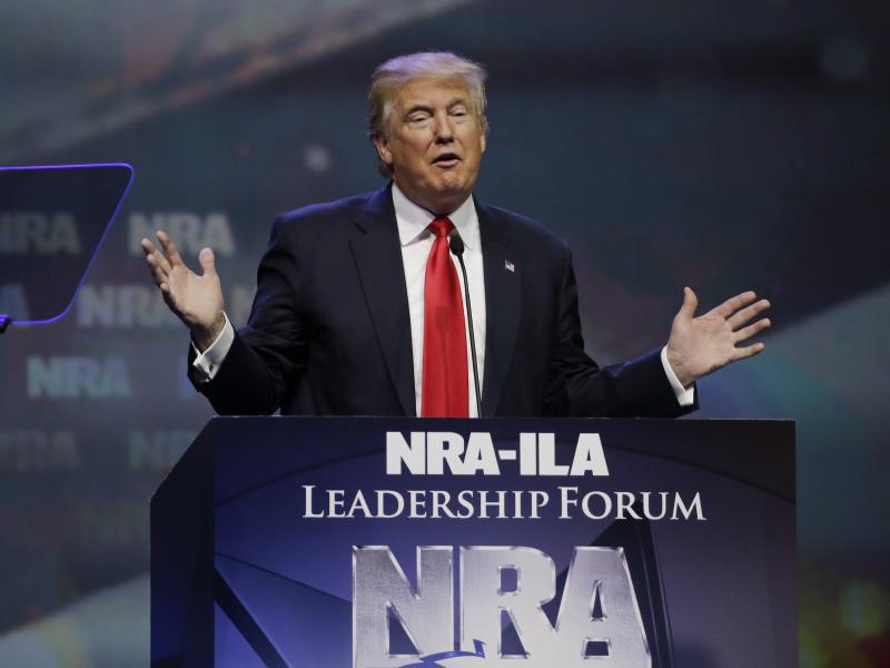 Then-Republican presidential candidate Donald Trump speaks at the National Rifle Association's 2016 convention in Louisville, Ky. Then-Republican presidential candidate Donald Trump speaks at the National Rifle Association's 2016 convention in Louisville, Ky.