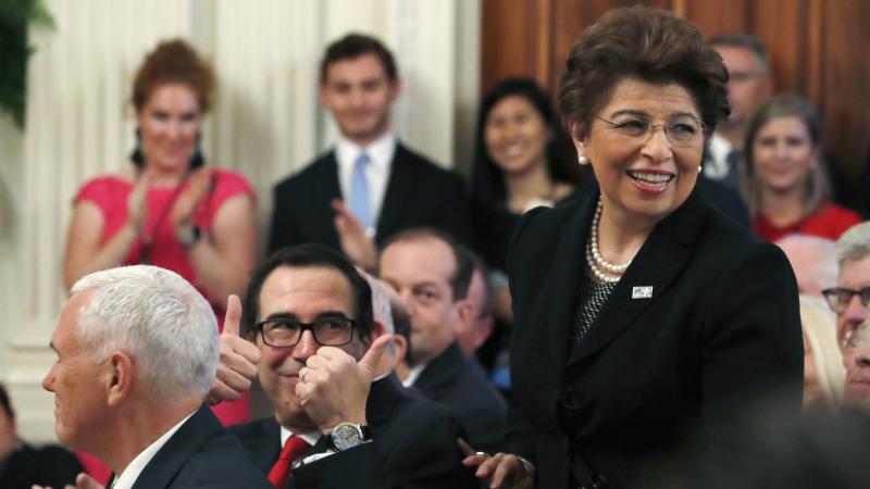Treasury Secretary Steve Mnuchin gives two thumbs up for U.S. Treasurer Jovita Carranza in 2018. On Thursday, President Trump announced that he will nominate Carranza to lead the Small Business Administration. Treasury Secretary Steve Mnuchin gives two thumbs up for U.S. Treasurer Jovita Carranza in 2018. On Thursday, President Trump announced that he will nominate Carranza to lead the Small Business Administration.
