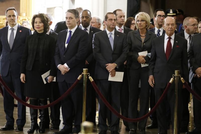 Trump administration Cabinet secretaries attend ceremonies for late evangelist Billy Graham at the U.S. Capitol on Feb. 28. At least nine current and former members of the Cabinet face accusations of abusing their office. Trump administration Cabinet secretaries attend ceremonies for late evangelist Billy Graham at the U.S. Capitol on Feb. 28. At least nine current and former members of the Cabinet face accusations of abusing their office.