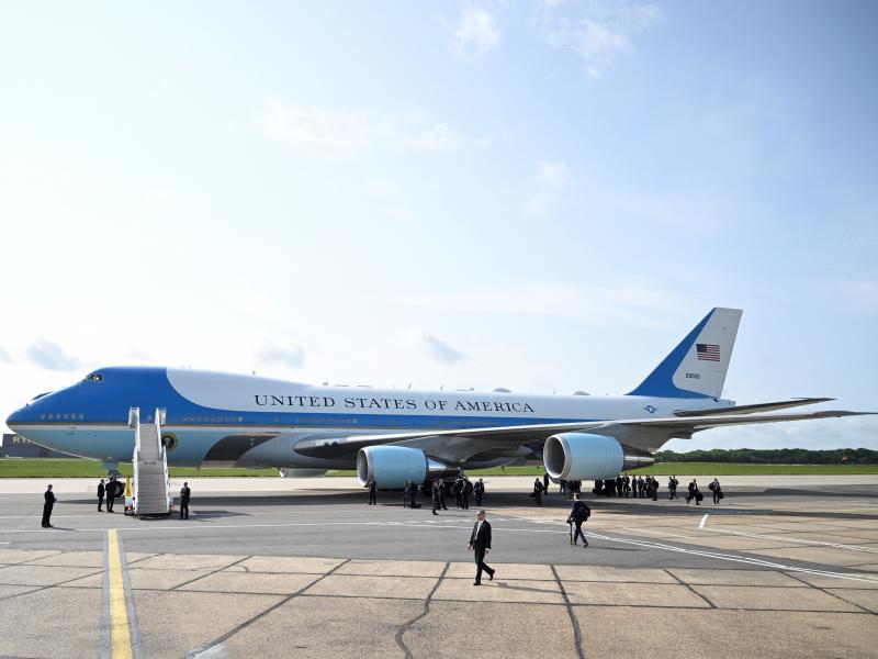 Air Force One following the arrival of U.S. President Donald Trump at Stansted Airport on June 3, 2019 in London, England. Air Force One following the arrival of U.S. President Donald Trump at Stansted Airport on June 3, 2019 in London, England.