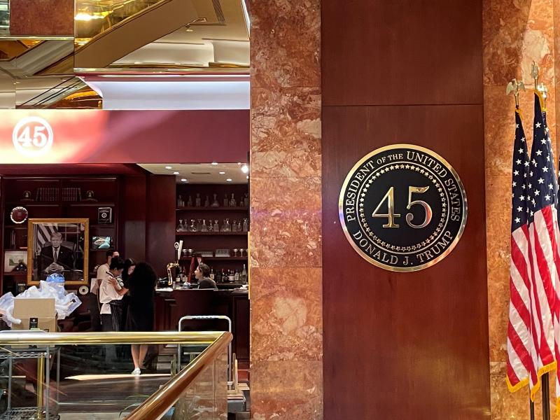 Trump Tower's new wine and whiskey bar, 45, includes enormous pictures of the former president, in and around the White House. Trump Tower's new wine and whiskey bar, 45, includes enormous pictures of the former president, in and around the White House.