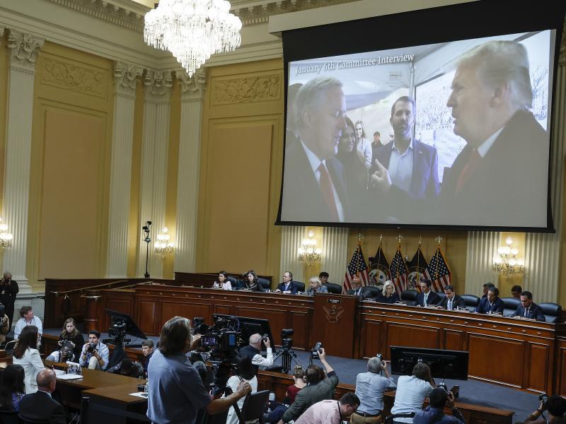 An image of former President Donald Trump talking to his Chief of Staff Mark Meadows is displayed as Cassidy Hutchinson, a former top aide to Meadows, testifies about events around the Capitol insurrection to the House Jan. 6 select committee. An image of former President Donald Trump talking to his Chief of Staff Mark Meadows is displayed as Cassidy Hutchinson, a former top aide to Meadows, testifies about events around the Capitol insurrection to the House Jan. 6 select committee.