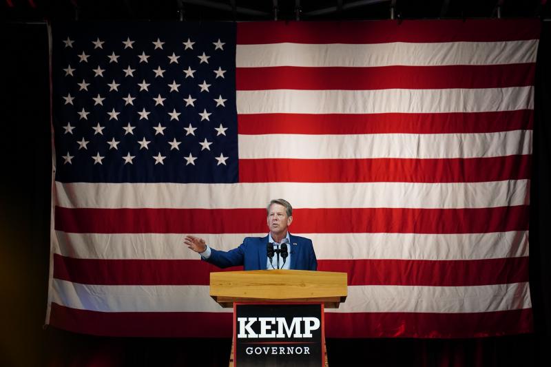 Georgia Republican Gov. Brian Kemp speaks during a campaign rally on the eve of the primary for governor, on Monday in Kennesaw, Ga. Georgia Republican Gov. Brian Kemp speaks during a campaign rally on the eve of the primary for governor, on Monday in Kennesaw, Ga.