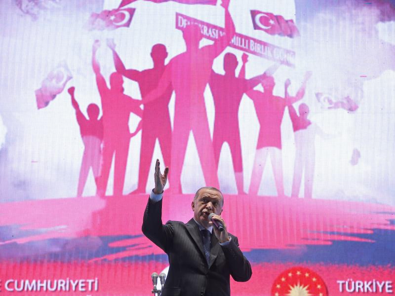 Turkey's President Recep Tayyip Erdogan speaks in Istanbul at an event marking the second anniversary of a failed coup attempt on July 15. Turkey's President Recep Tayyip Erdogan speaks in Istanbul at an event marking the second anniversary of a failed coup attempt on July 15.