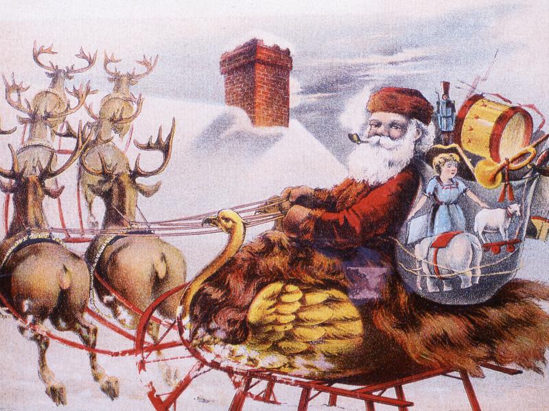 A trade card from the 1880s depicts a Santa Claus figure in a bird-themed sleigh pulled by reindeer as they are about the land on a rooftop to deliver presents from the huge sack of gifts. A trade card from the 1880s depicts a Santa Claus figure in a bird-themed sleigh pulled by reindeer as they are about the land on a rooftop to deliver presents from the huge sack of gifts.