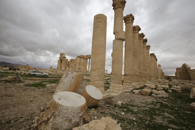 Columns in the courtyard of the temple of Baal in the ancient city of Palmyra are damaged by the shelling in this March 14, 2014, photograph. Columns in the courtyard of the temple of Baal in the ancient city of Palmyra are damaged by the shelling in this March 14, 2014, photograph.