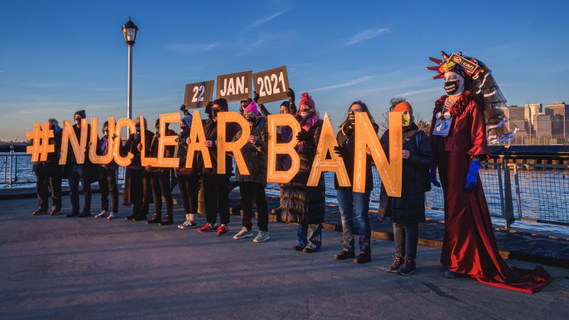 Activists in New York City show their support for the Treaty on the Prohibition of Nuclear Weapons, which took effect on Friday. Activists in New York City show their support for the Treaty on the Prohibition of Nuclear Weapons, which took effect on Friday.