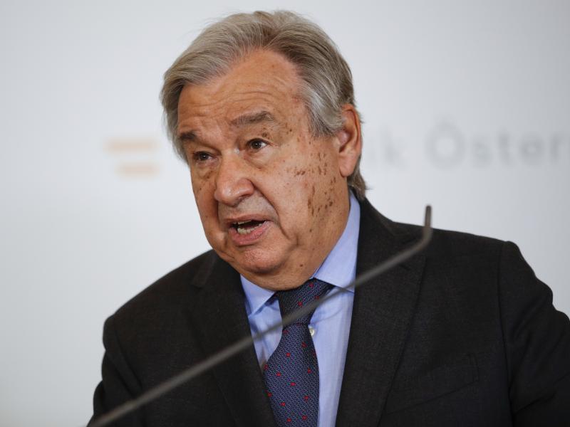 Antonio Guterres, the secretary-general of the United Nations, addresses the media during a press conference at the Federal Chancellery, Vienna, Austria, Wednesday, May 11, 2022. Antonio Guterres, the secretary-general of the United Nations, addresses the media during a press conference at the Federal Chancellery, Vienna, Austria, Wednesday, May 11, 2022.