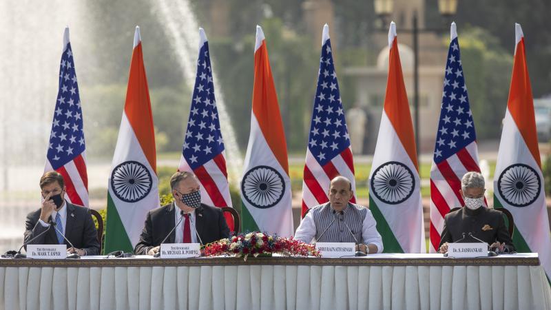 U.S. Secretary of Defense Mark Esper (from left), U.S. Secretary of State Mike Pompeo, Indian Defense Minister Rajnath Singh and Foreign Minister Subrahmanyam Jaishankar address a joint press conference on Tuesday at Hyderabad House in New Delhi. U.S. Secretary of Defense Mark Esper (from left), U.S. Secretary of State Mike Pompeo, Indian Defense Minister Rajnath Singh and Foreign Minister Subrahmanyam Jaishankar address a joint press conference on Tuesday at Hyderabad House in New Delhi.