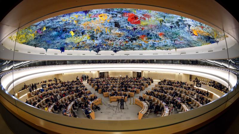 The United Nations Human Rights Council in Geneva, seen earlier this year during a presentation on the conflict in Syria. On Tuesday, Secretary of State Mike Pompeo and Ambassador Nikki Haley announced that the U.S. will be withdrawing from the council. The United Nations Human Rights Council in Geneva, seen earlier this year during a presentation on the conflict in Syria. On Tuesday, Secretary of State Mike Pompeo and Ambassador Nikki Haley announced that the U.S. will be withdrawing from the council.