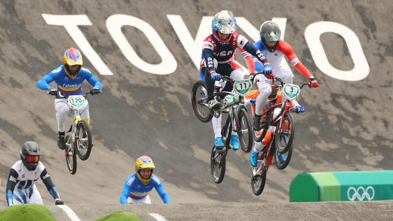 Connor Fields of Team USA leads other riders in the men's BMX semifinal on July 30 at the Tokyo Olympics. He would crash later, suffering a brain hemorrhage and broken rib. Connor Fields of Team USA leads other riders in the men's BMX semifinal on July 30 at the Tokyo Olympics. He would crash later, suffering a brain hemorrhage and broken rib.