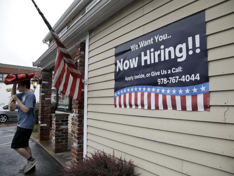 A sign advertising job openings hangs outside a restaurant in Middleton, Mass., last month. At 4.3 percent unemployment, the jobs rate is near the point that most economists deem full employment. A sign advertising job openings hangs outside a restaurant in Middleton, Mass., last month. At 4.3 percent unemployment, the jobs rate is near the point that most economists deem full employment.