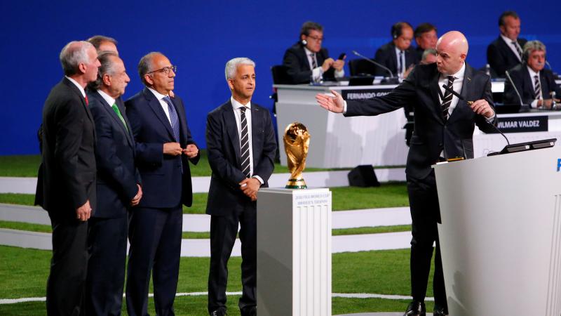 FIFA President Gianni Infantino, right, welcomes representatives of the united bid — from the U.S., Canada, and Mexico — as soccer's governing body selects its host for the 2026 FIFA World Cup during the 68th FIFA Congress in Moscow, Russia. FIFA President Gianni Infantino, right, welcomes representatives of the united bid — from the U.S., Canada, and Mexico — as soccer's governing body selects its host for the 2026 FIFA World Cup during the 68th FIFA Congress in Moscow, Russia.