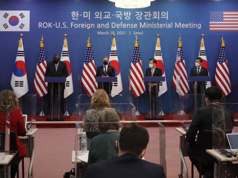 U.S. Secretary of State Antony Blinken (second from left) speaks as U.S. Defense Secretary Lloyd Austin (left), South Korean Foreign Minister Chung Eui-yong (second from right), and South Korean Defense Minister Suh Wook, right, listen during the joint pr U.S. Secretary of State Antony Blinken (second from left) speaks as U.S. Defense Secretary Lloyd Austin (left), South Korean Foreign Minister Chung Eui-yong (second from right), and South Korean Defense Minister Suh Wook, right, listen during the joint pr