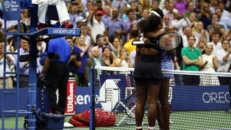 Serena Williams (left) hugs her older sister Venus Williams after defeating her Tuesday night at the U.S. Open, advancing to the semifinals. Serena Williams (left) hugs her older sister Venus Williams after defeating her Tuesday night at the U.S. Open, advancing to the semifinals.