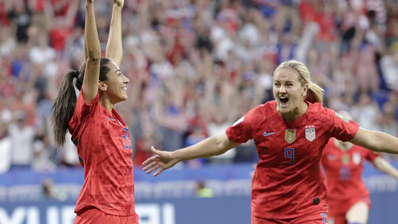 Christen Press (left) celebrates after scoring the U.S.'s first goal during the Women's World Cup semifinal against England. The U.S. won 2-1. Christen Press (left) celebrates after scoring the U.S.'s first goal during the Women's World Cup semifinal against England. The U.S. won 2-1.