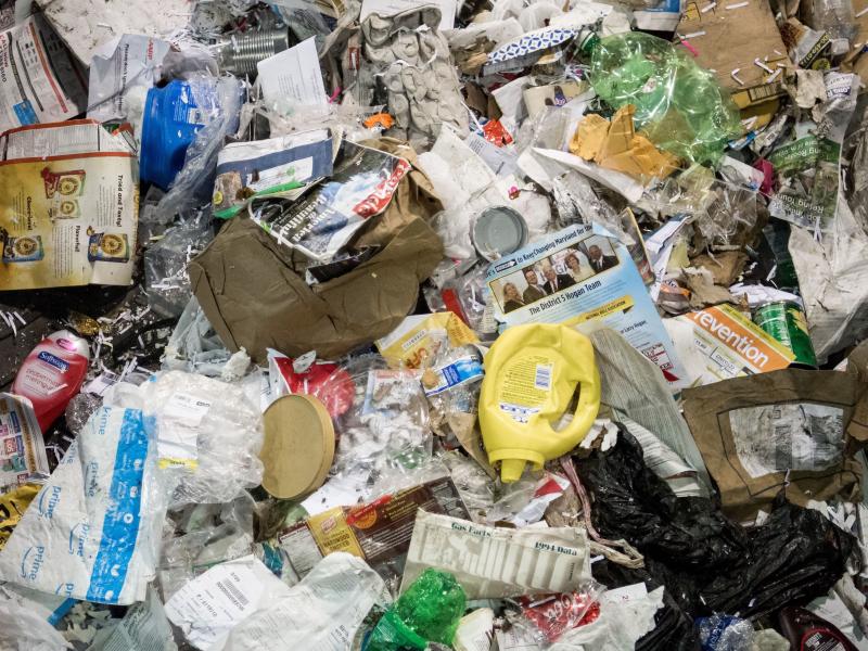 Trash sent for recycling moves along a conveyor belt to be sorted at Waste Management's material recovery facility in Elkridge, Md. In 2018, China announced it would no longer buy most plastic waste from places like the United States. Trash sent for recycling moves along a conveyor belt to be sorted at Waste Management's material recovery facility in Elkridge, Md. In 2018, China announced it would no longer buy most plastic waste from places like the United States.
