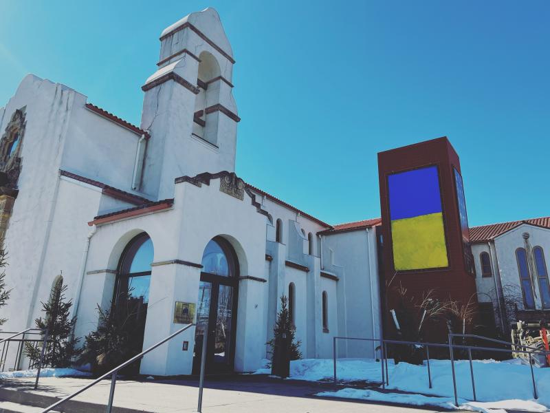 The Museum of Russian Art in Minneapolis painted a banner on its building the colors of the Ukrainian flag. The Museum of Russian Art in Minneapolis painted a banner on its building the colors of the Ukrainian flag.