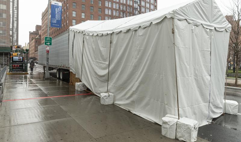 In Manhattan, a makeshift morgue is set up next to Lenox Health Greenwich Village. In Manhattan, a makeshift morgue is set up next to Lenox Health Greenwich Village.