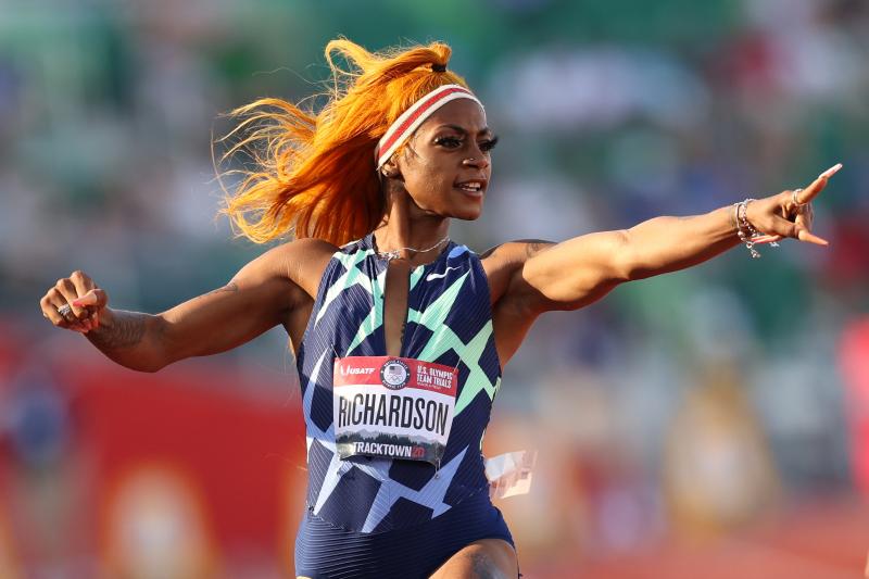 Sha'Carri Richardson celebrates in the 100-meter semifinal last month at the U.S. Olympic track and field team trials in Eugene, Ore. However, a positive drug test disqualified her result at the trials. Sha'Carri Richardson celebrates in the 100-meter semifinal last month at the U.S. Olympic track and field team trials in Eugene, Ore. However, a positive drug test disqualified her result at the trials.