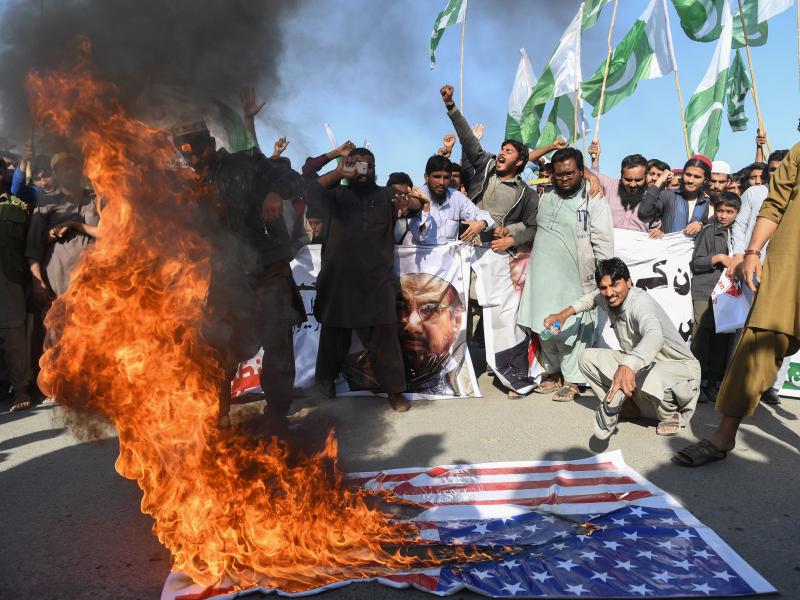 Demonstrators shout anti-U.S. slogans at a protest in Karachi, Pakistan, on Tuesday, a day after President Trump tweeted that Pakistan has "given us nothing but lies & deceit, thinking of our leaders as fools." Demonstrators shout anti-U.S. slogans at a protest in Karachi, Pakistan, on Tuesday, a day after President Trump tweeted that Pakistan has "given us nothing but lies & deceit, thinking of our leaders as fools."