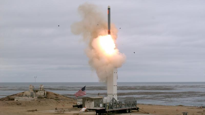 This photo released by the U.S. Defense Department shows the launch of a conventionally configured ground-launched cruise missile at San Nicolas Island, Calif., on Sunday. This photo released by the U.S. Defense Department shows the launch of a conventionally configured ground-launched cruise missile at San Nicolas Island, Calif., on Sunday.