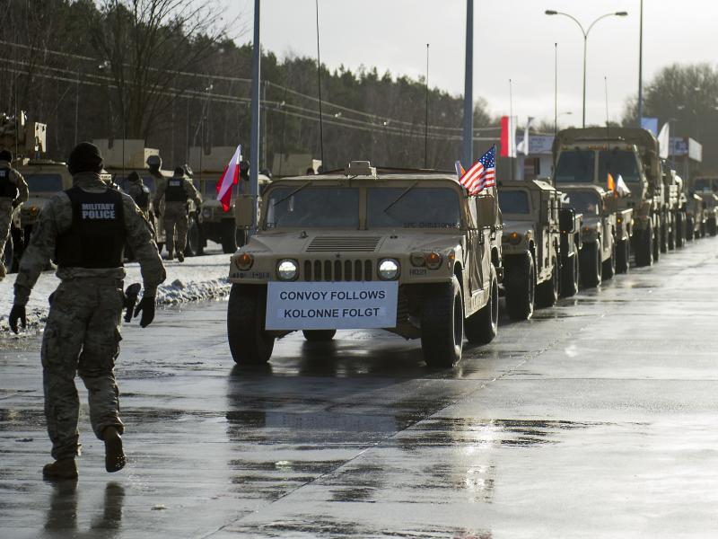 American soldiers are pictured during a welcome ceremony at the Polish-German border in Olszyna, Poland on January 12, 2017. U.S. troops are being deployed in Poland under Operation Atlantic Resolve. The troops will be followed by 87 tanks, 144 Bradley fi American soldiers are pictured during a welcome ceremony at the Polish-German border in Olszyna, Poland on January 12, 2017. U.S. troops are being deployed in Poland under Operation Atlantic Resolve. The troops will be followed by 87 tanks, 144 Bradley fi