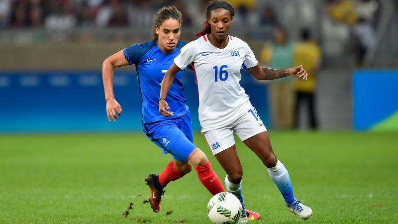 U.S. women's soccer player Crystal Dunn (in white) contends with Amel Majri of France during their match at Mineirao Stadium in Belo Horizonte, Brazil. The U.S. earned a 1-0 victory in the the Group G first-round meeting in the Rio Summer Olympics tournam U.S. women's soccer player Crystal Dunn (in white) contends with Amel Majri of France during their match at Mineirao Stadium in Belo Horizonte, Brazil. The U.S. earned a 1-0 victory in the the Group G first-round meeting in the Rio Summer Olympics tournam