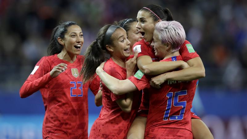 Alex Morgan (second right) celebrates after scoring the United States' 12th goal during the team's 13-0 win over Thailand Tuesday. Alex Morgan (second right) celebrates after scoring the United States' 12th goal during the team's 13-0 win over Thailand Tuesday.