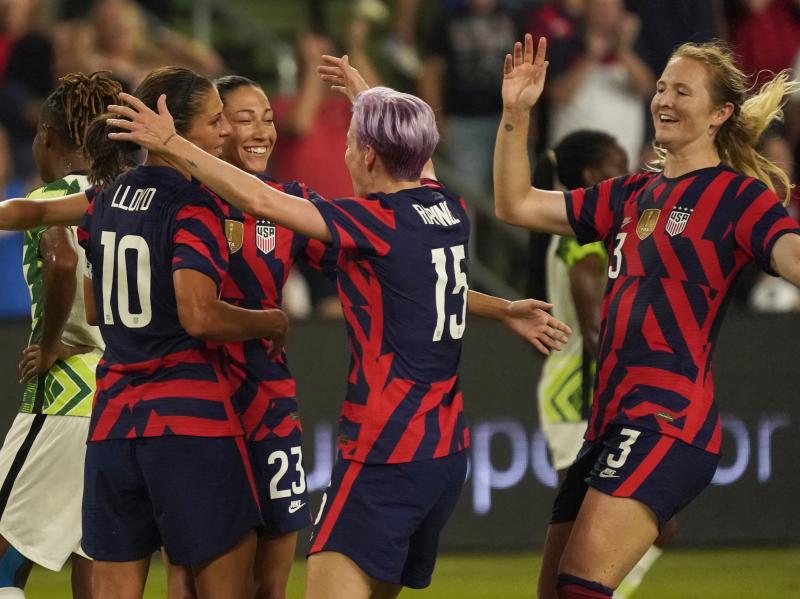 Most of the winning U.S. team from the 2019 Women's World Cup will reunite for the Tokyo Olympics, including Carli Lloyd, Christen Press, Megan Rapinoe and Samantha Mewis. They seen here last week in Austin, Tex., where they beat Nigeria 2-0. Most of the winning U.S. team from the 2019 Women's World Cup will reunite for the Tokyo Olympics, including Carli Lloyd, Christen Press, Megan Rapinoe and Samantha Mewis. They seen here last week in Austin, Tex., where they beat Nigeria 2-0.