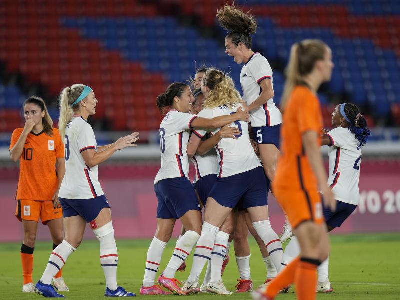 U.S. players celebrate a goal scored by teammate Lynn Williams during a women's quarterfinal soccer match against The Netherlands on Friday at the Summer Olympics in Yokohama, Japan. U.S. players celebrate a goal scored by teammate Lynn Williams during a women's quarterfinal soccer match against The Netherlands on Friday at the Summer Olympics in Yokohama, Japan.
