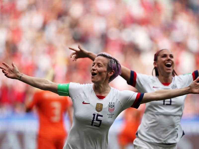 The United States' Megan Rapinoe celebrates after scoring the opening goal from the penalty spot during the Women's World Cup final soccer match between the U.S. and the Netherlands at the Stade de Lyon in Décines, outside Lyon, France, on Sunday. The U. The United States' Megan Rapinoe celebrates after scoring the opening goal from the penalty spot during the Women's World Cup final soccer match between the U.S. and the Netherlands at the Stade de Lyon in Décines, outside Lyon, France, on Sunday. The U.