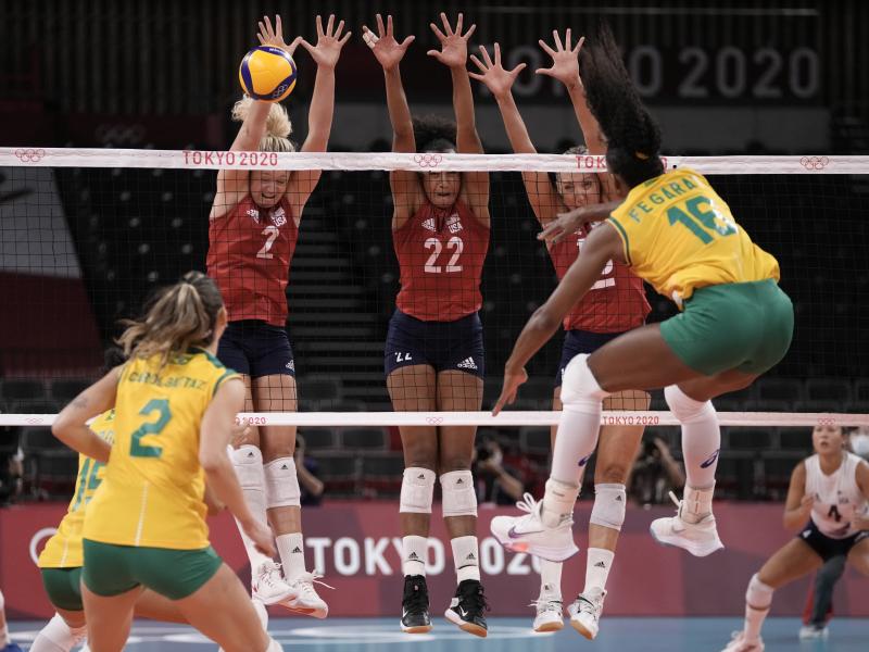 Brazil's Fernanda Rodrigues shoots while playing the United States during the gold medal match in women's volleyball at the 2020 Summer Olympics on Sunday. Brazil's Fernanda Rodrigues shoots while playing the United States during the gold medal match in women's volleyball at the 2020 Summer Olympics on Sunday.