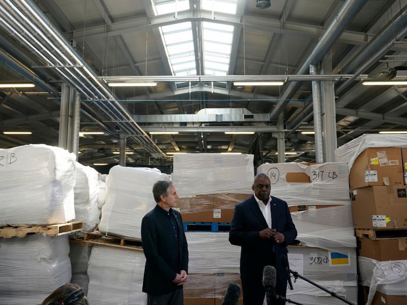 Pallets of aid to Ukraine are stacked behind Secretary of Defense Lloyd Austin (right) and Secretary of State Antony Blinken as they speak with reporters after returning from their trip to Kyiv, Ukraine, and meeting with Ukrainian President Volodymyr Zele Pallets of aid to Ukraine are stacked behind Secretary of Defense Lloyd Austin (right) and Secretary of State Antony Blinken as they speak with reporters after returning from their trip to Kyiv, Ukraine, and meeting with Ukrainian President Volodymyr Zele