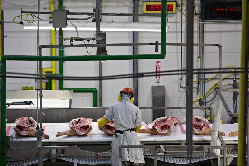 An employee handles sides of pork on a conveyor at a Smithfield Foods Inc. pork processing facility in Milan, Mo. An employee handles sides of pork on a conveyor at a Smithfield Foods Inc. pork processing facility in Milan, Mo.