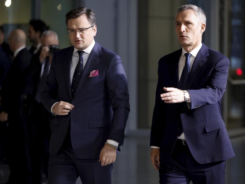 Ukraine's Foreign Minister Dmytro Kuleba, left, walks with NATO Secretary General Jens Stoltenberg as they arrive for a meeting of NATO foreign ministers at NATO headquarters in Brussels on Thursday. Ukraine's Foreign Minister Dmytro Kuleba, left, walks with NATO Secretary General Jens Stoltenberg as they arrive for a meeting of NATO foreign ministers at NATO headquarters in Brussels on Thursday.