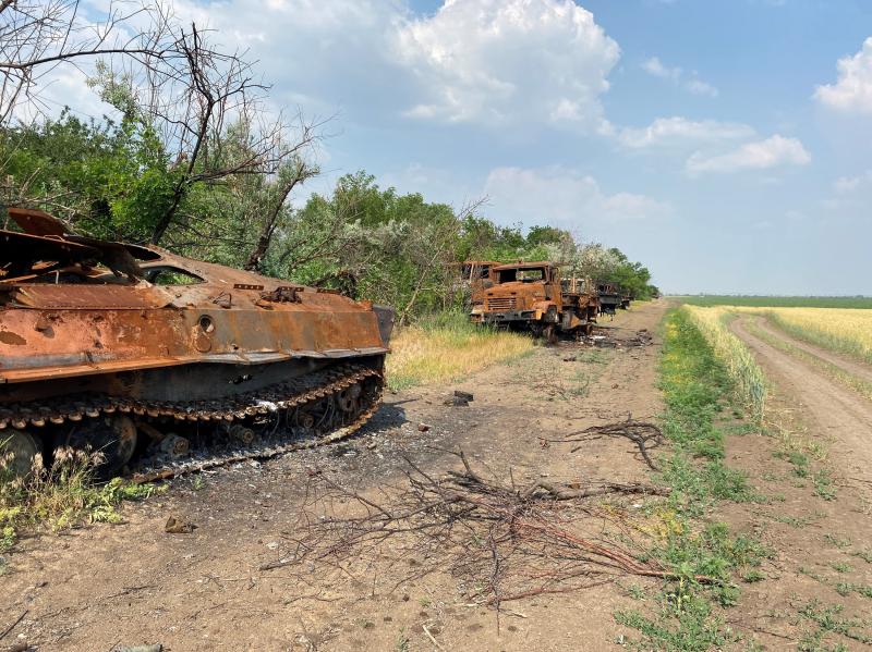 Destroyed tanks and trucks line the farm roads that bisect Mykhailo Liubchenko's plots. The ground fighting has subsided, but there's almost daily shelling in his region near the front lines of the southern campaign of the war. Destroyed tanks and trucks line the farm roads that bisect Mykhailo Liubchenko's plots. The ground fighting has subsided, but there's almost daily shelling in his region near the front lines of the southern campaign of the war.