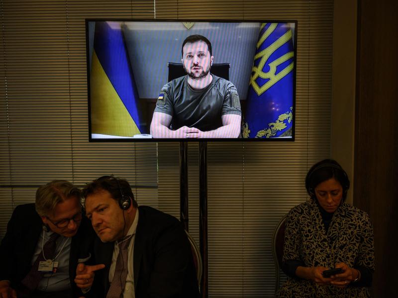 Ukrainian President Volodymyr Zelenskyy delivers a statement by videolink during an event on the sidelines of the World Economic Forum annual meeting in Davos on Wednesday. Ukrainian President Volodymyr Zelenskyy delivers a statement by videolink during an event on the sidelines of the World Economic Forum annual meeting in Davos on Wednesday.