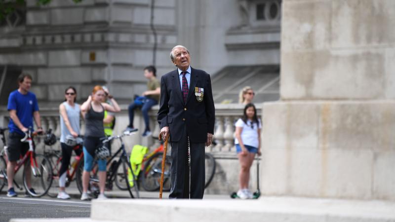 A 93-year-old veteran of World War II observes a moment of silence at the Cenotaph war memorial in London, where British residents — like much of Europe — marked a subdued 75th anniversary of V-E Day. A 93-year-old veteran of World War II observes a moment of silence at the Cenotaph war memorial in London, where British residents — like much of Europe — marked a subdued 75th anniversary of V-E Day.