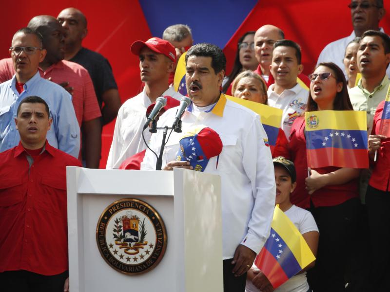Venezuela's President Nicolás Maduro sings the national anthem during an anti-imperialist rally for peace, in Caracas, Venezuela, on Saturday. Venezuela's President Nicolás Maduro sings the national anthem during an anti-imperialist rally for peace, in Caracas, Venezuela, on Saturday.