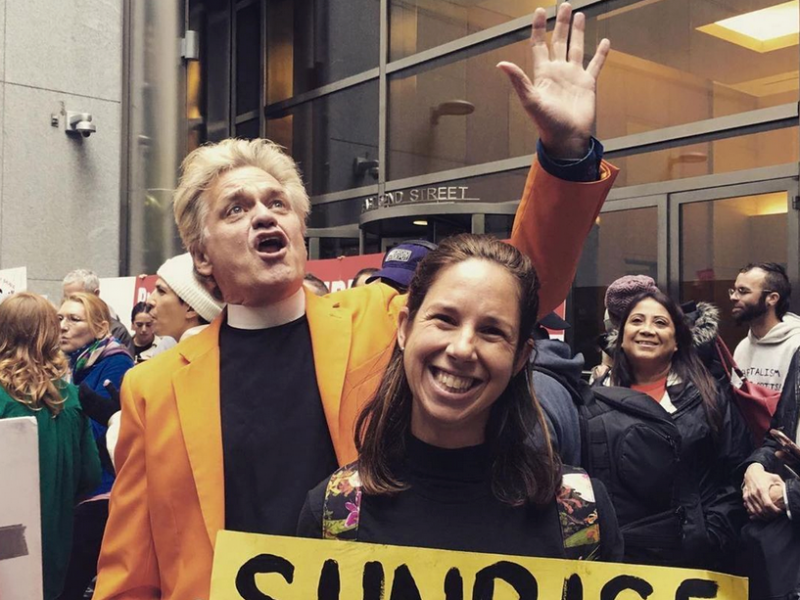 Reverend Billy (William Talen, left) among a flock of supporters. Reverend Billy (William Talen, left) among a flock of supporters.