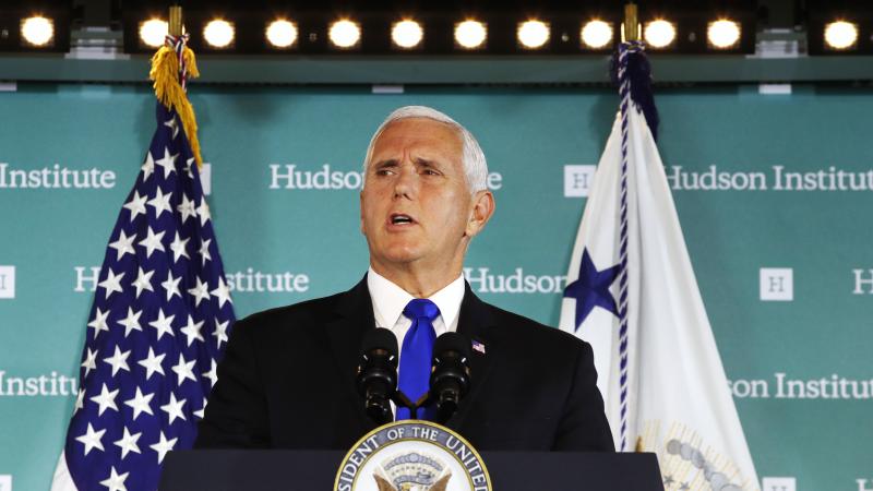 Vice President Mike Pence speaks Thursday at the Hudson Institute in Washington, D.C. Vice President Mike Pence speaks Thursday at the Hudson Institute in Washington, D.C.