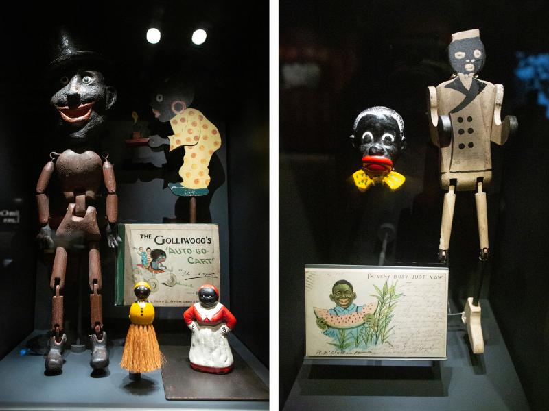 Wide-mouthed, blackface figures of Uncle Tom and postcards of eating watermelon perpetuated negative African-American stereotypes. The minstrel caricatures started showing up on toys, games, books, even postcards and everyday household items. Wide-mouthed, blackface figures of Uncle Tom and postcards of eating watermelon perpetuated negative African-American stereotypes. The minstrel caricatures started showing up on toys, games, books, even postcards and everyday household items.