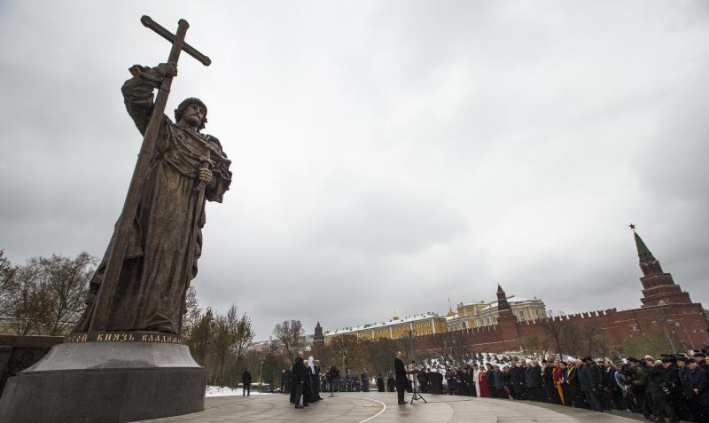 Russian President Vladimir Putin speaks at the unveiling ceremony of a monument to Vladimir the Great outside the Kremlin in 2016. The 10th-century ruler of Kyiv never lived in Moscow. But Putin has sought to portray Vladimir the Great as a key figure in Russian President Vladimir Putin speaks at the unveiling ceremony of a monument to Vladimir the Great outside the Kremlin in 2016. The 10th-century ruler of Kyiv never lived in Moscow. But Putin has sought to portray Vladimir the Great as a key figure in