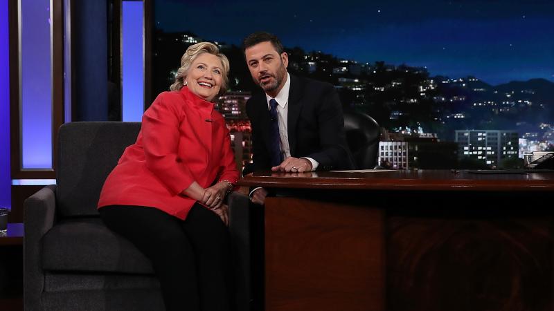 Democratic presidential nominee Hillary Clinton talks with Jimmy Kimmel at the taping of his ABC talk show on Monday in Los Angeles. Democratic presidential nominee Hillary Clinton talks with Jimmy Kimmel at the taping of his ABC talk show on Monday in Los Angeles.